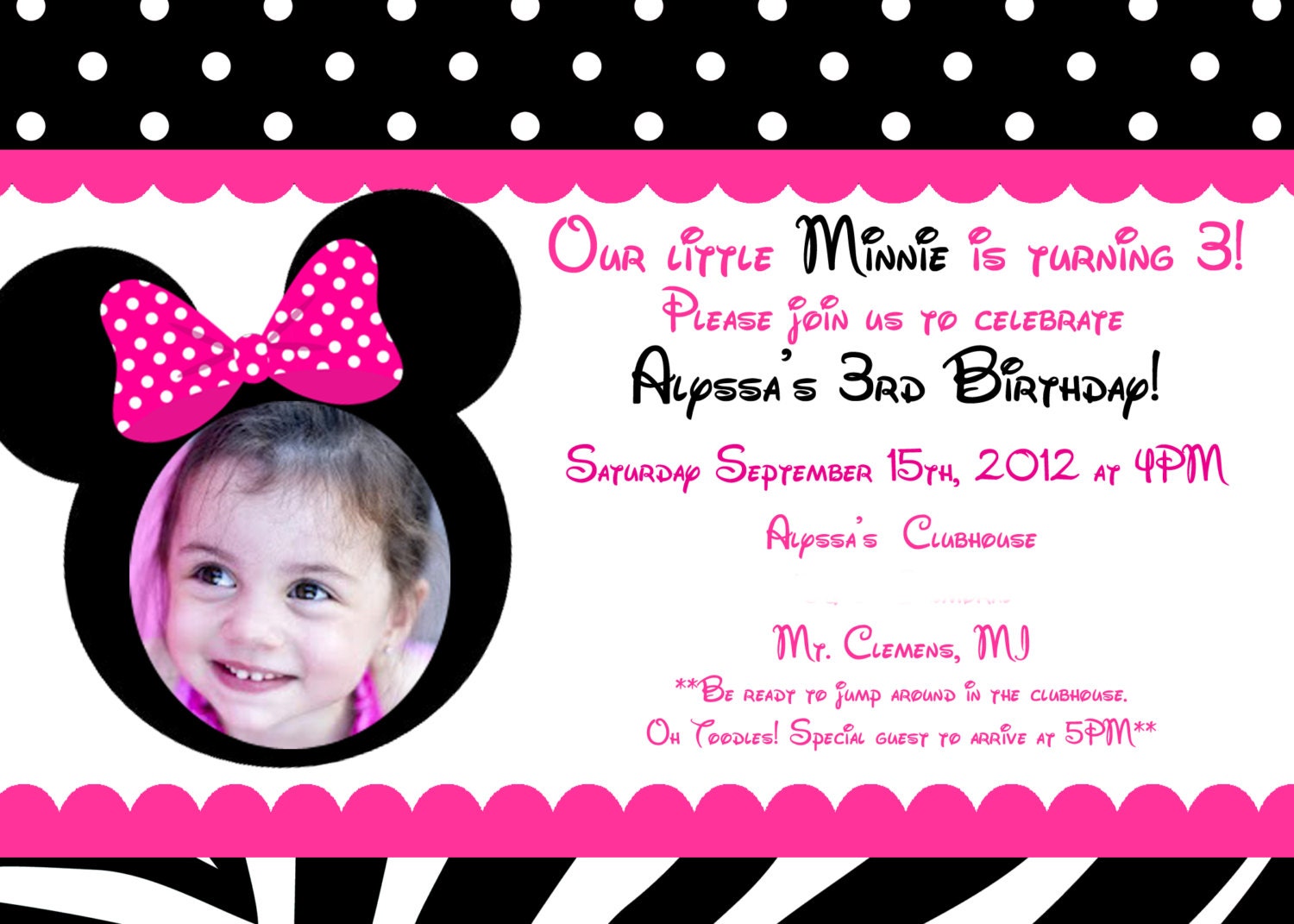 Minnie Mouse Inspired Invites: Set of 12, 5x7" Minnie Mouse Invitations. Minnie Zebra Print Invitations. Minnie Birthday. Il_170x135