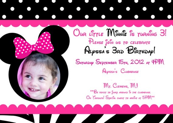Minnie Mouse Inspired Invites: Set of 12, 5x7" Minnie Mouse Invitations. Minnie Zebra Print Invitations. Minnie Birthday. Il_570xn