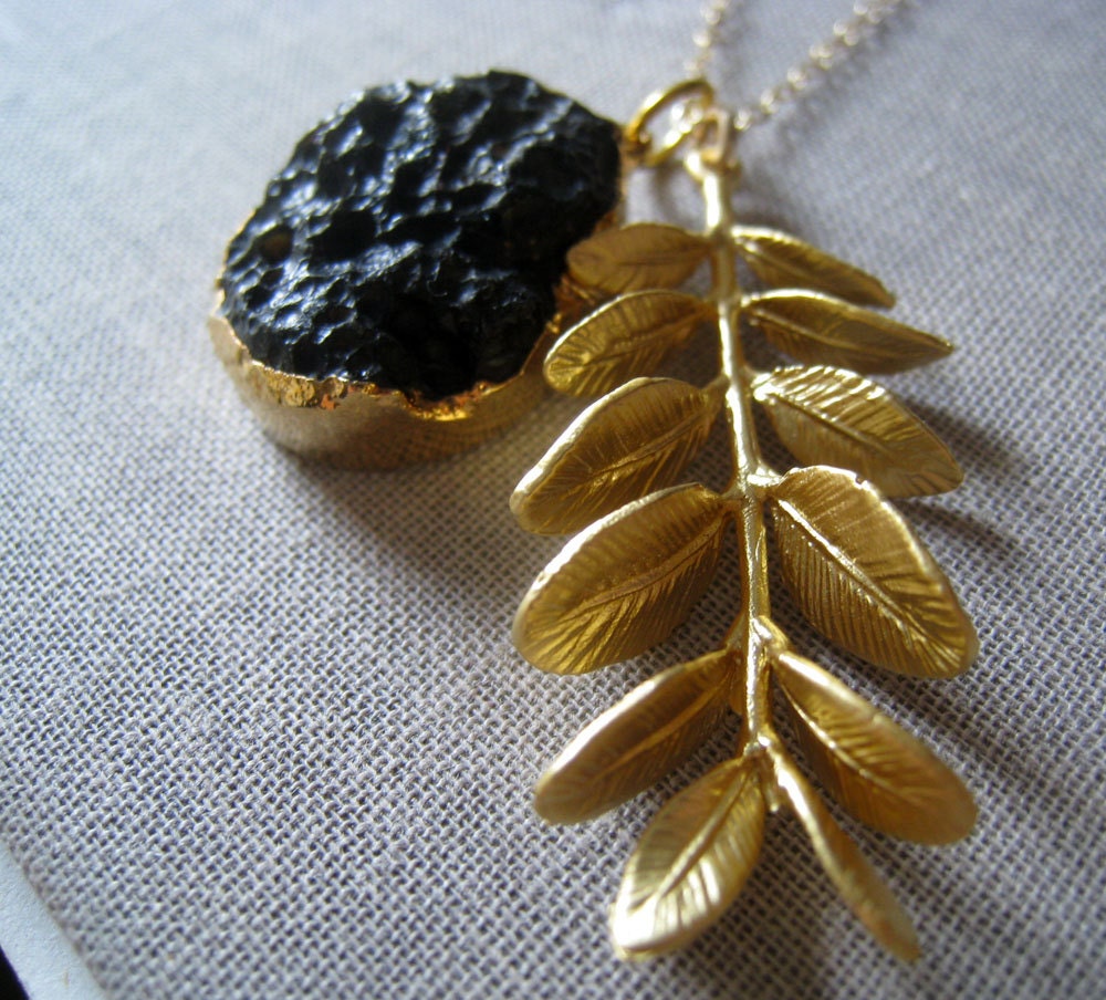 Gold leaf and black druzy necklace, organic, natural elements, one of a kind jewelry