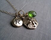 Sand Dollar charm and initial necklace, personalized birthstone necklace, adjustable chain, beach jewelry