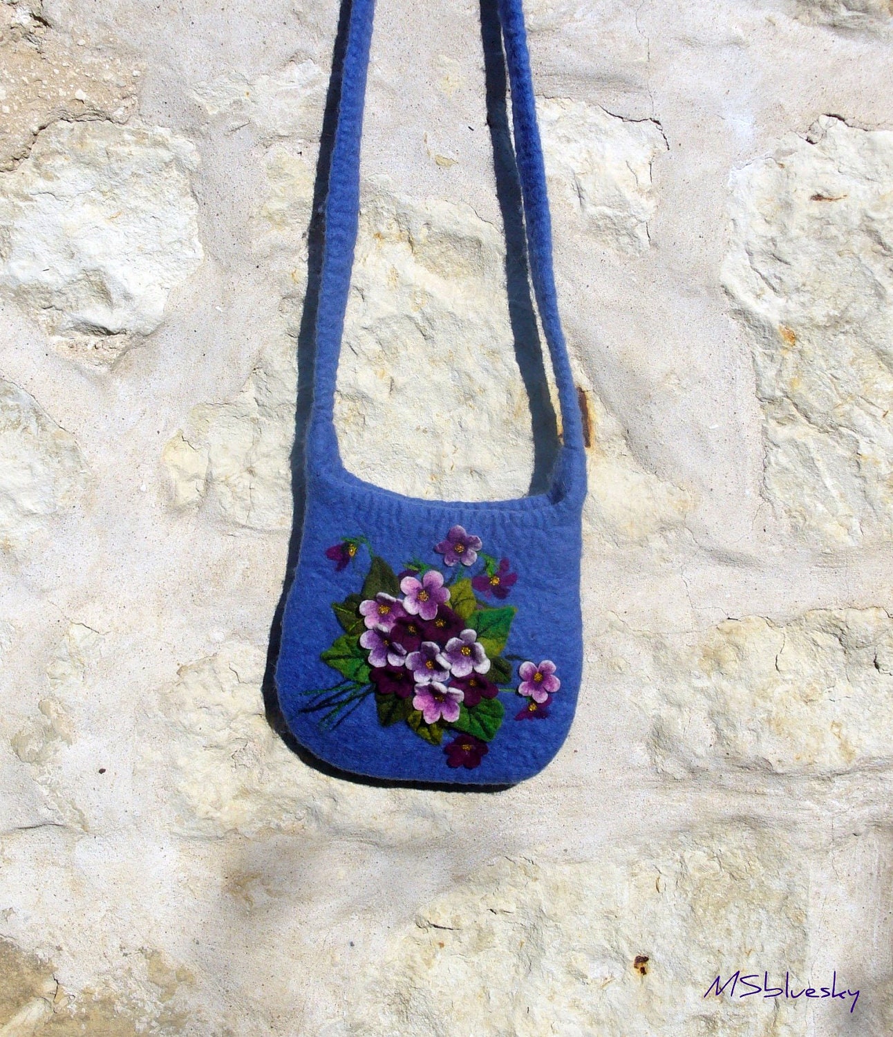 Sale FLOWER Violets Felt Coin Purse, Shoulder Bag,Pouch, Long Handles , zipper, handmade, OOAK, Wet Felted   Ready to Ship
