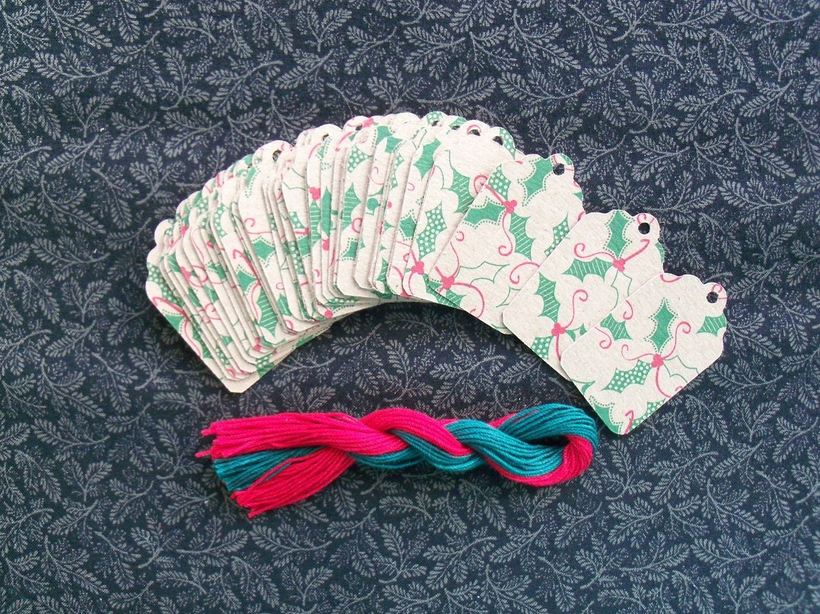 40 Christmas Craft paper gift tags with green and red holly print and strings