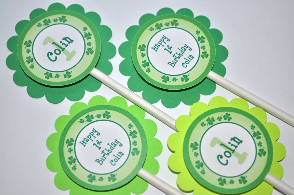 12 Cupcake Toppers - St. Patrick's Day Birthday Party Decorations- Shamrocks, Clovers, Green