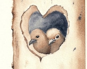 Love Nest - Original Watercolor Painting - two birds in heart shaped nest in hollow tree, nursery art gift for her