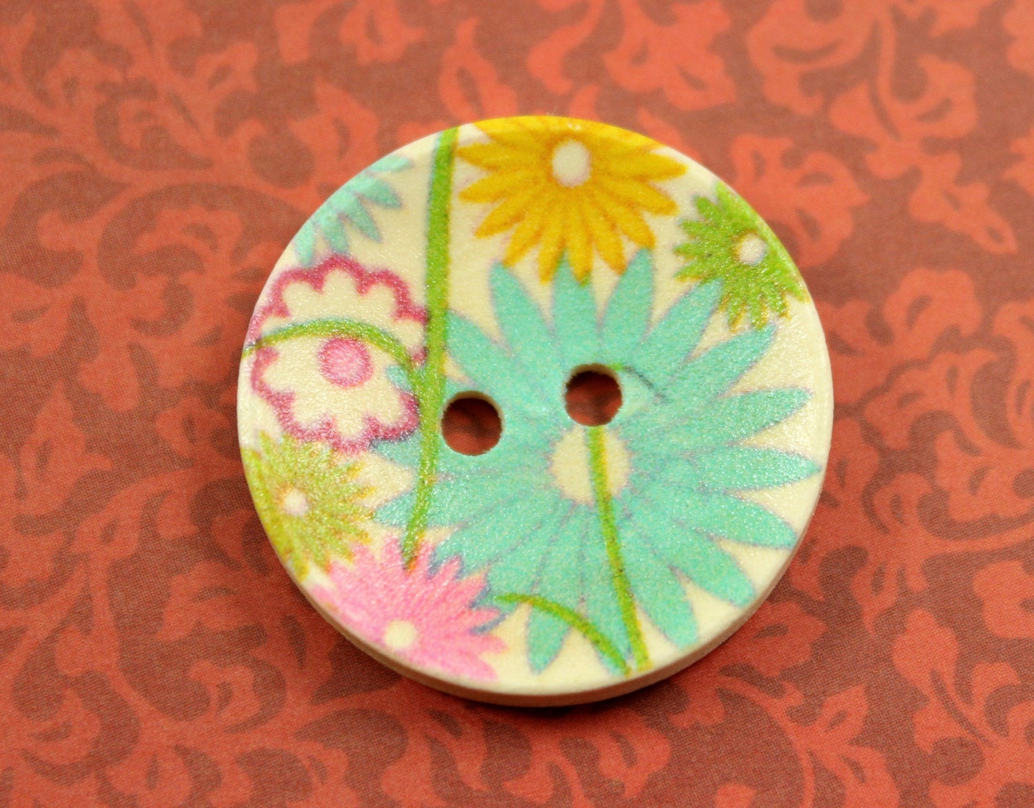 Flower Wooden Buttons - Spring Theme Color Luxuriant Flowers Blooming Picture Concave Wooden Buttons. 1.18 inch. 6 in a set