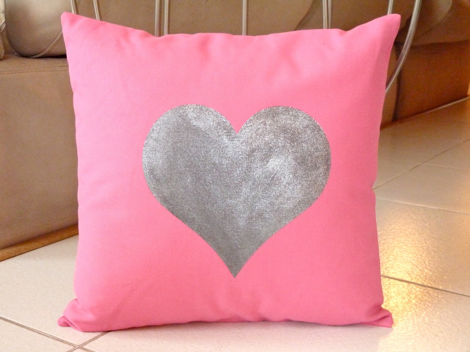 Big Dark Silver Heart Pillow Case -  Hand Painted on Pink Cotton Canvas Pillow Cover - 16x16 Pillow Cover