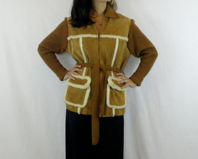 70s Suede & Knit Jacket - O Ring Zipper Front Cardigan - medium to large