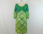 60s Green Mod Dress - Puff Sleeve Empire Waist - Medium