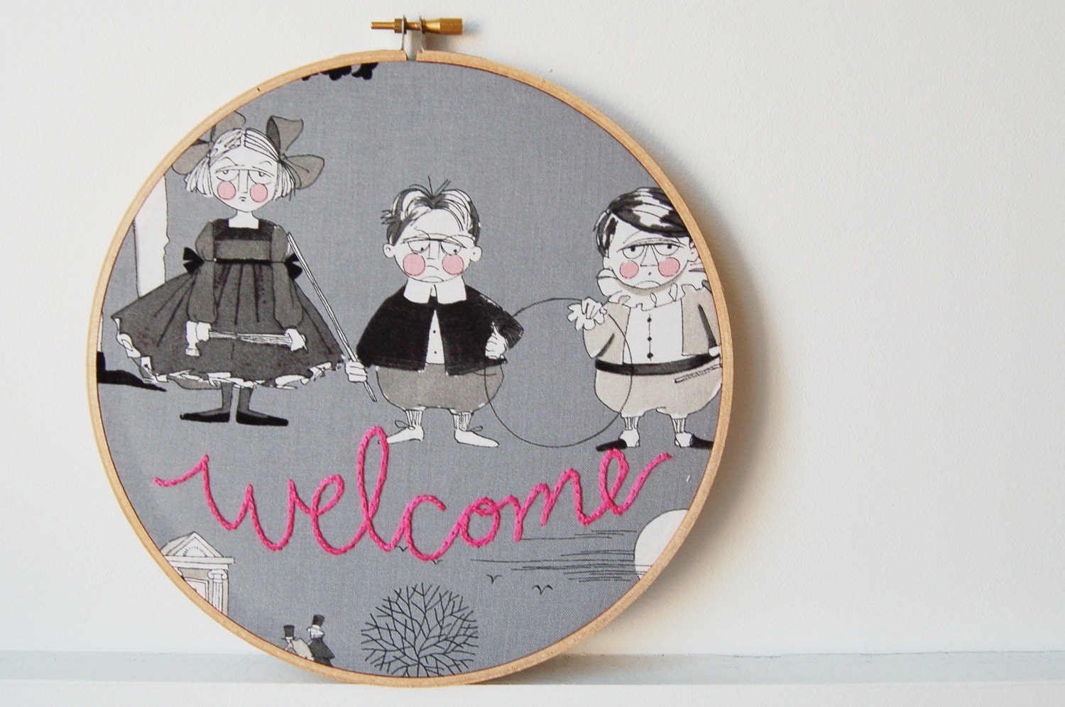Embroidery Hoop Art. Welcome Sign with Cranky, Grumpy Children. Stitched by Merriweather Council