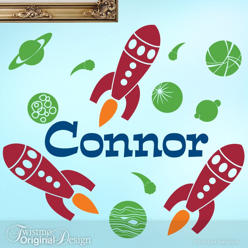 Boys Room Wall Decal: Custom First Name with Three Rocket Ships and Outer Space Planets, Comets and a Moon, Boys Bedroom Decor X99N