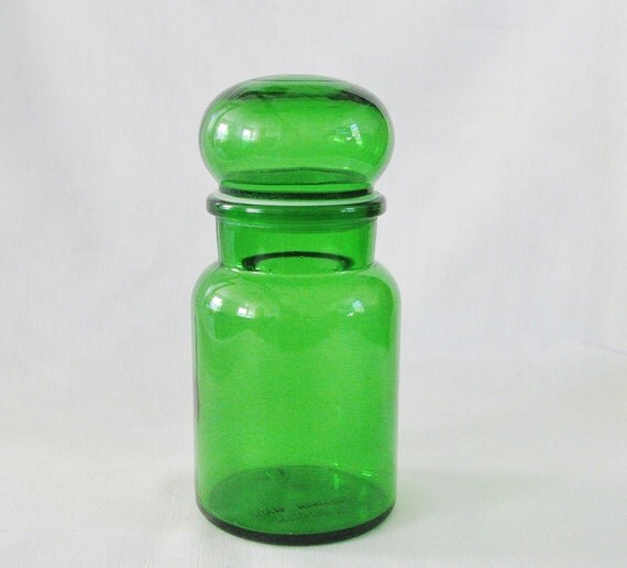 Items similar to Vintage Green Glass Jar with Lid on Etsy