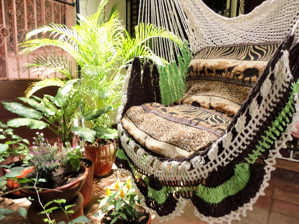 Beige Brown Light Green Tricolor Sitting Hammock, Hanging Chair Natural Cotton and Wood plus Simple Fringe