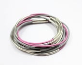 Grey and Magenta Leather Bracelet/Silver Tubes Wraps Bracelet/Womens Bracelet Z566