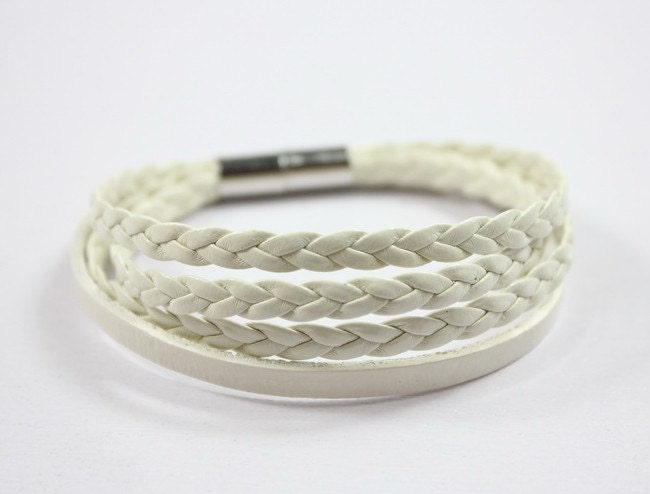 Pure White Leather Bracelet /White Leather Band With White Braid Leather/ Magnet Clasp Z521