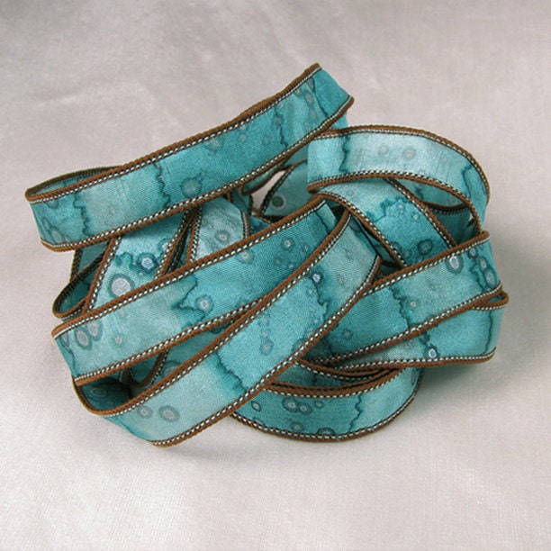 Hand Dyed Silk Ribbon -  Hand Painted Silk Art  - Jewelry Bracelet Wrist Wrap - Teal chocolate - Glacier Sparkle