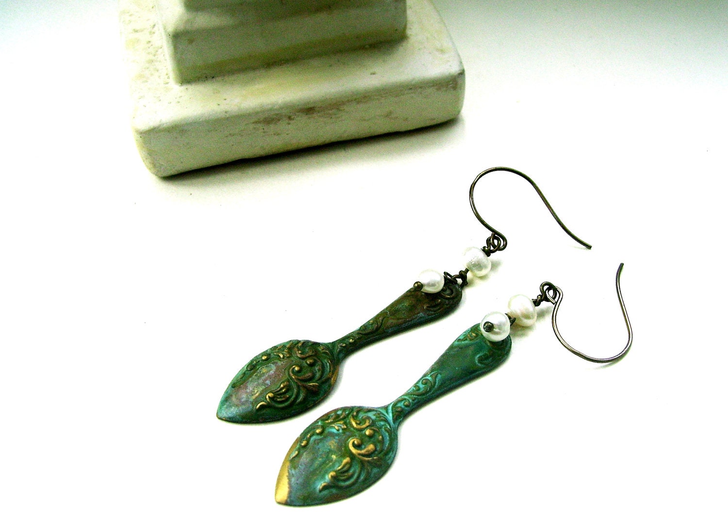 Verdigris Spoon Earrings - BAROQUE BEAUTIES - Ornate Hand Patinated Brass Stamping & Freshwater Pearl - OOAK