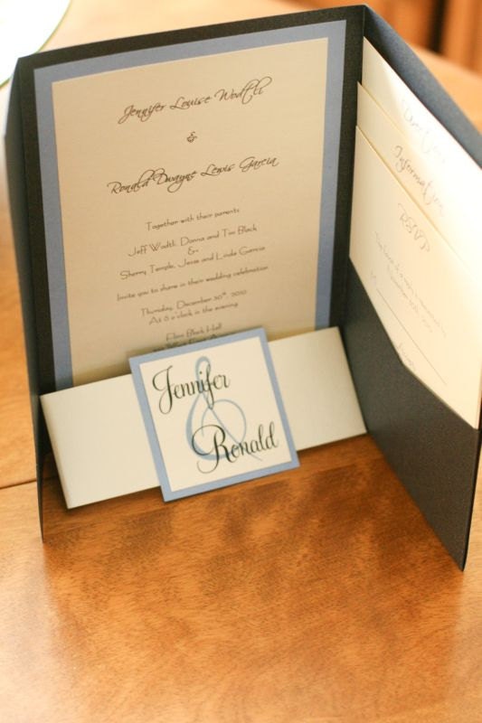 Metallic Pocketfold Wedding Invitations in Sky Blue and Onyx