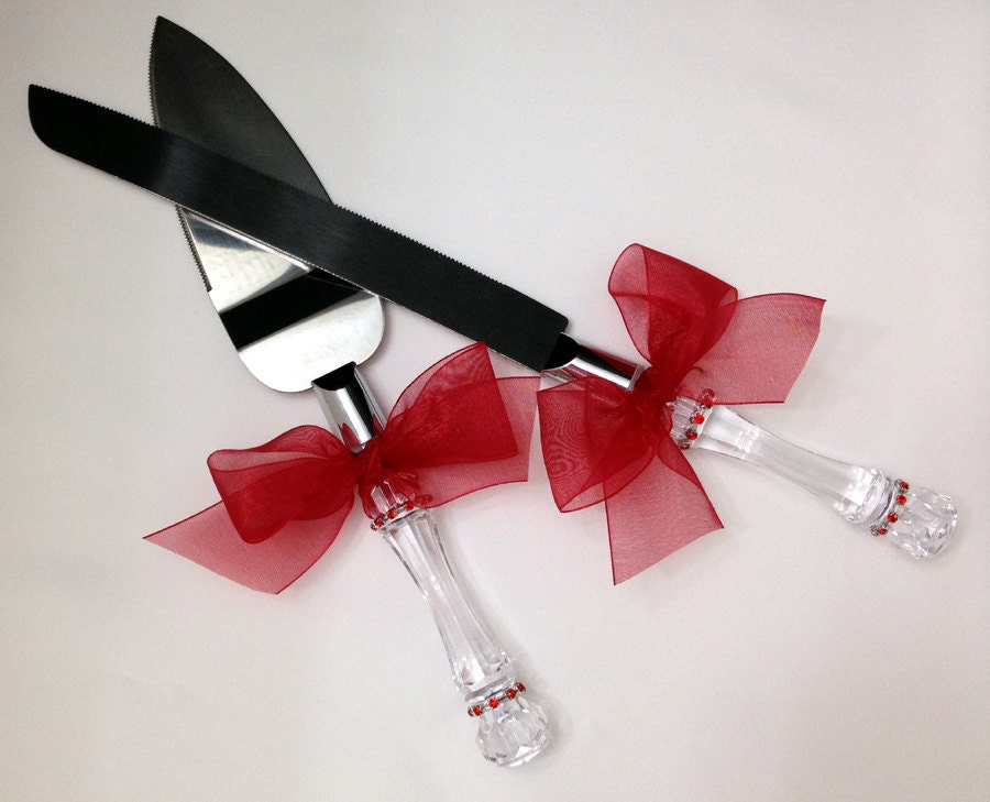 Red Wedding Cake Cutter Server Set WEDDING Table Setting High Fashion with Organza Bows & Rhinestones Cake Set