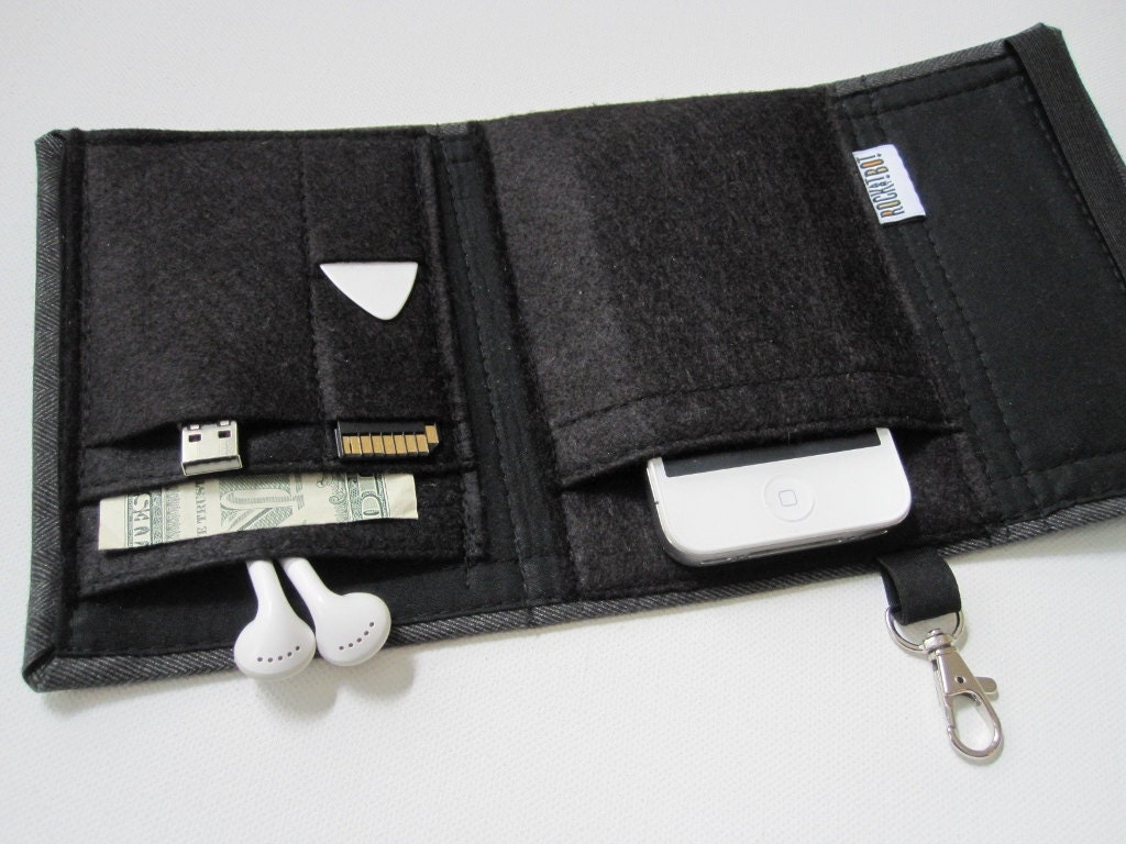 Nerd Herder gadget wallet in Just Black for iPhone, Android, iPod, digital camera, earbuds, SD cards, USB, guitar picks, IDs