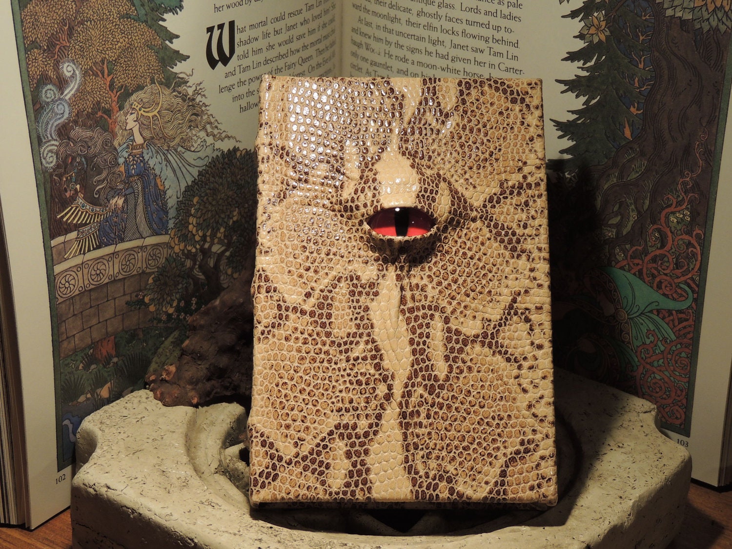 Journal-----Mythical Beast Book (The Watchful Eye-Tan Snakeskin Print with Red eye)