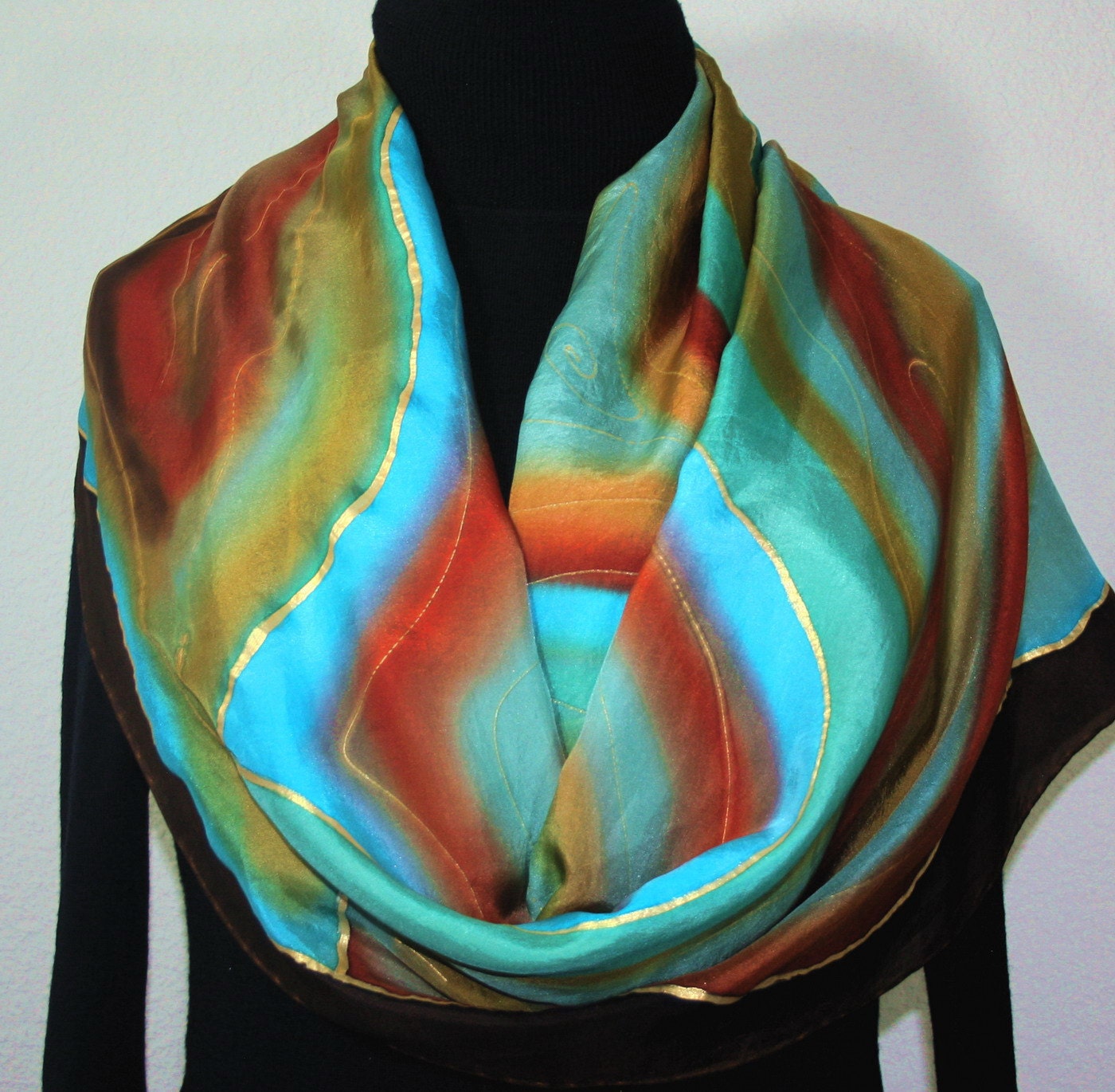 Hand Painted Silk Scarf Autumn Morning. Scarf in Green, Terracotta, Rust. EXTRA Large 21x70. Made in Colorado. 100% silk. MADE to ORDER.