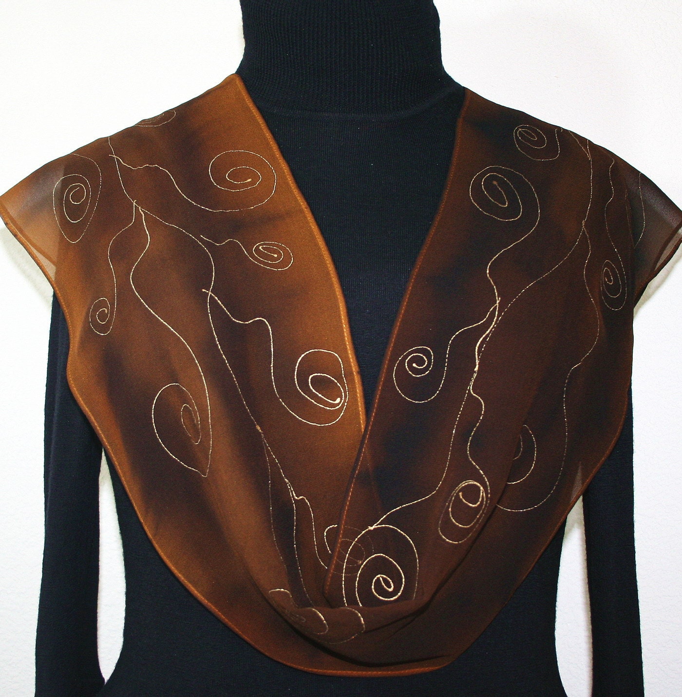 Hand Painted Silk Scarf Mocha Swirls. Scarf in Brown and Chocolate. Size 8x52. Silk Scarves Colorado. 100% silk. Made to Order