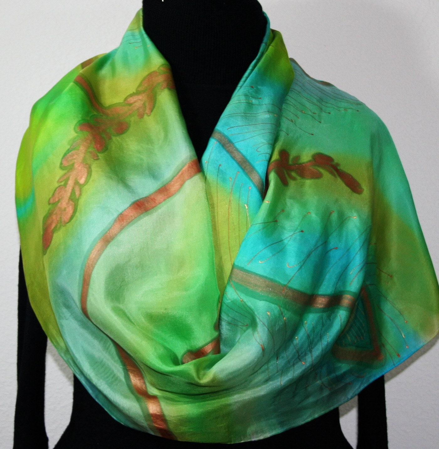 Hand Painted Silk Scarf Forest Dreams. Scarf in Green, Turquoise, Teal. Large Silk Wrap 21x70. Made in Colorado. 100% silk. MADE TO ORDER.