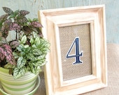 Wedding Table Number in Schoolbook Font, Rustic Burlap with Distressed Wood Frame in Your Custom Colors 4x6