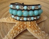 Boho Chic leather wrap cuff bracelet, triple row wrap bracelet, teal