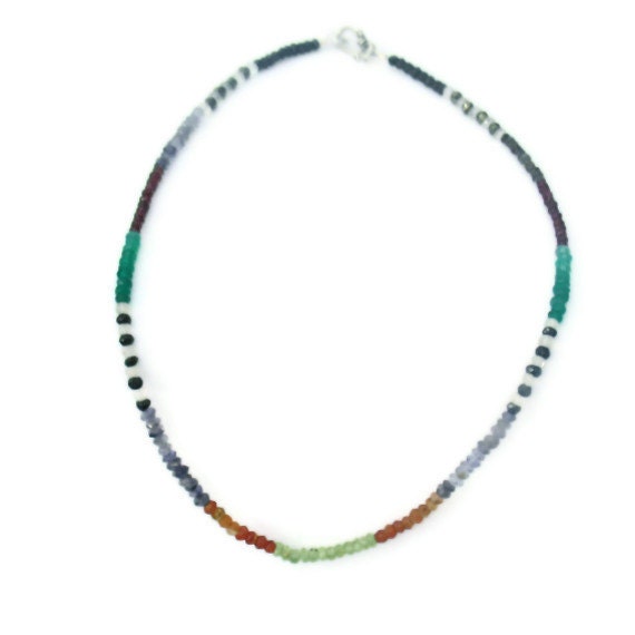 Gemstone Faceted Necklace Carnelian Iolite Peridot Hematite Emerald Handmade Handcrafted Sterling Silver Multicolored Natural Stone Jewelry