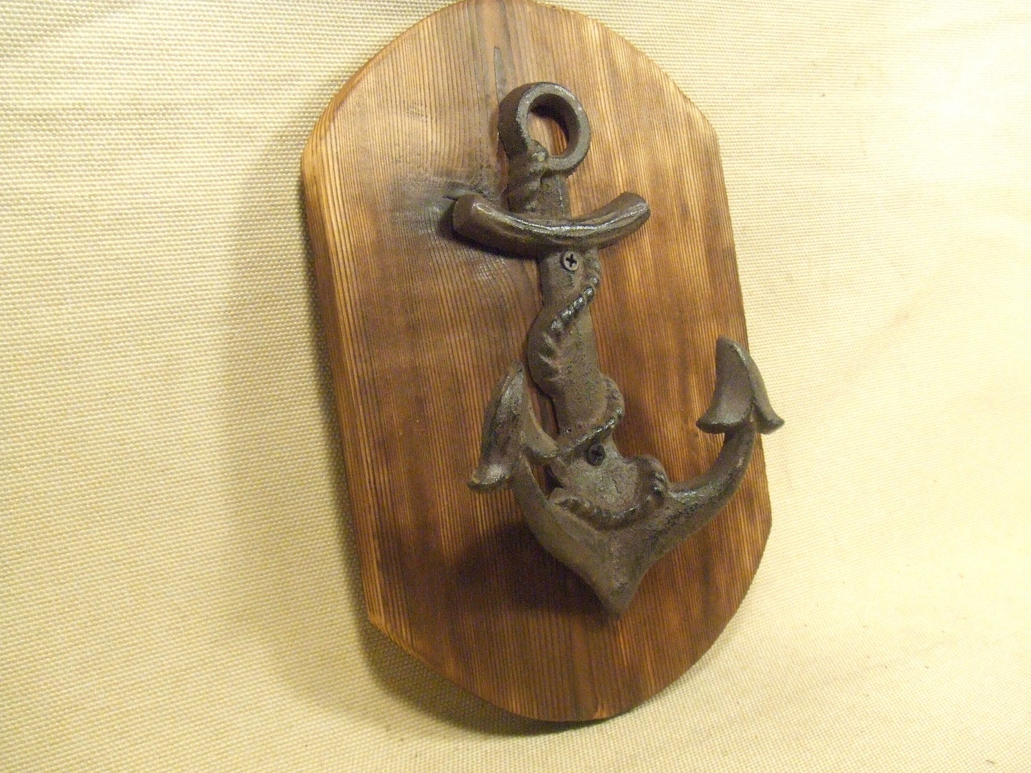 Rustic Cast Iron Anchor coat rack  -- lodge cabin decor -- rich patina on cast iron hooks and western cedar