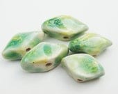Handmade Ceramic Pottery Beads Green Yellow White Stoneware Diamond shape Geometric Set of 5