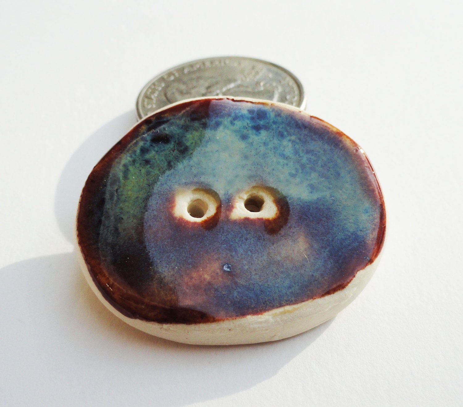 Handmade Ceramic Pottery Couture Button White Stoneware Freeform Organic Rustic Modern Round Blue Green Brown READY TO SHIP