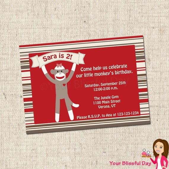 PRINTABLE Girl Sock Monkey Party Invitation Il_570xn