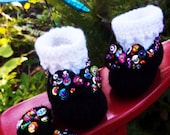 Sequined crochet Mary Jane booties with matching bow