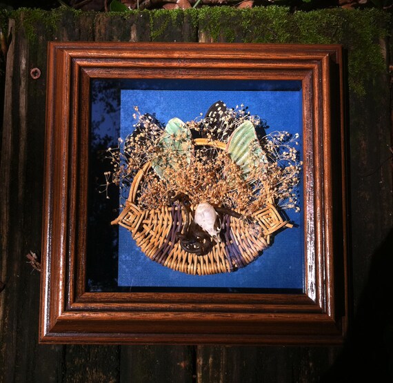 Circle of Life: Framed Mixed Media Wall Hanging with Rodent Skull, Dried Flowers and Insect Wings