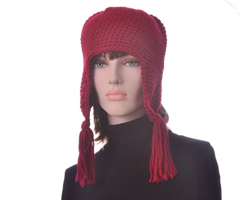 Red Earflap Hat Tassels on Ear Flaps and at Peak Hand Crocheted Men Women Adult Ear Flap Hat