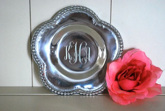 Engraved Personalized Beaded Flower Ring Dish