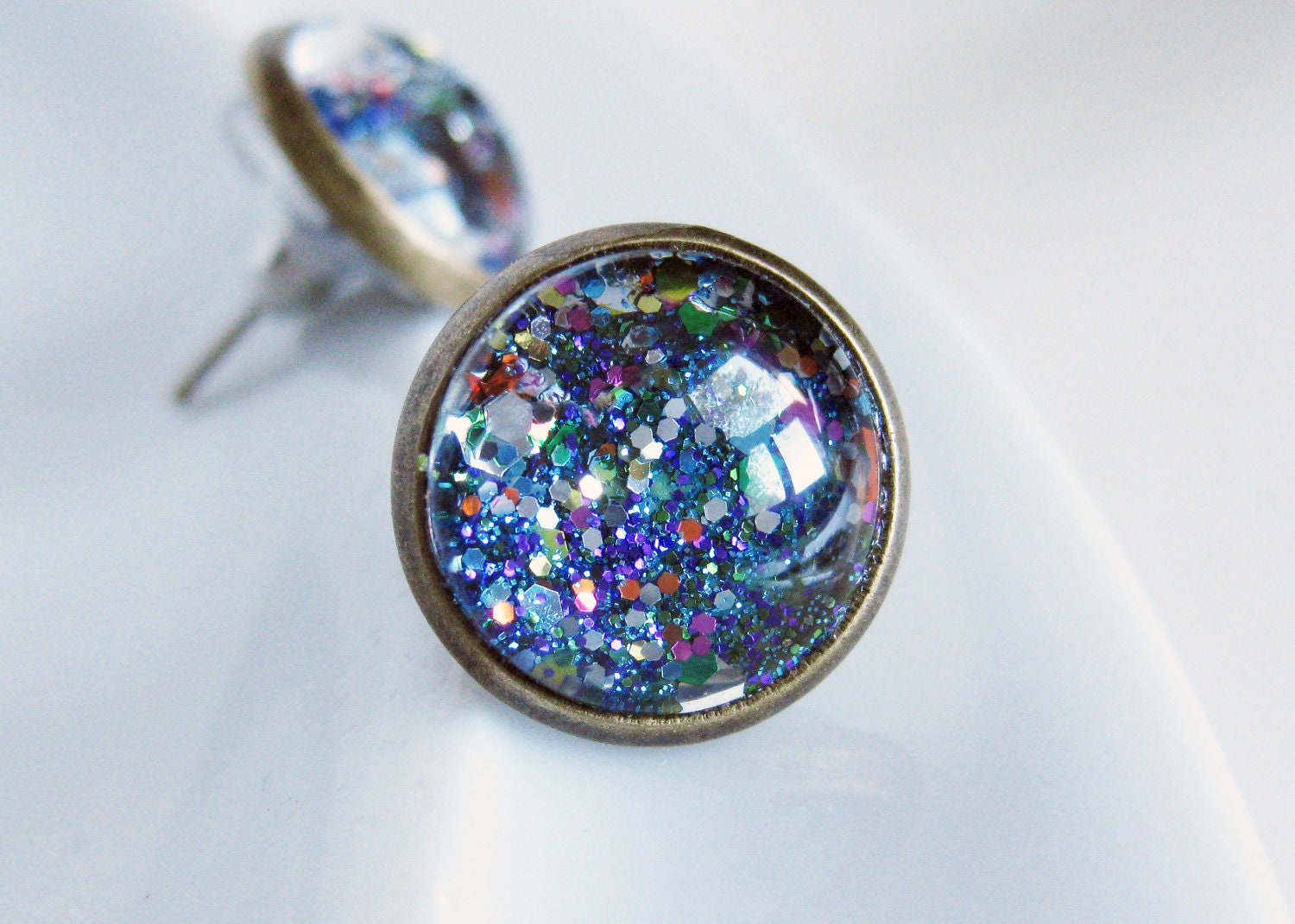 Nebula Stardust Earrings. Trapped Rainbow Galaxy Studs. Looking Glass style antiqued brass earrings.