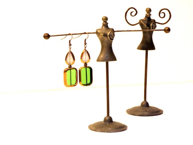 50% off - Glass Earrings, Green, Mauve Glass Copper Beads, Copper Drop Dangle Hooks