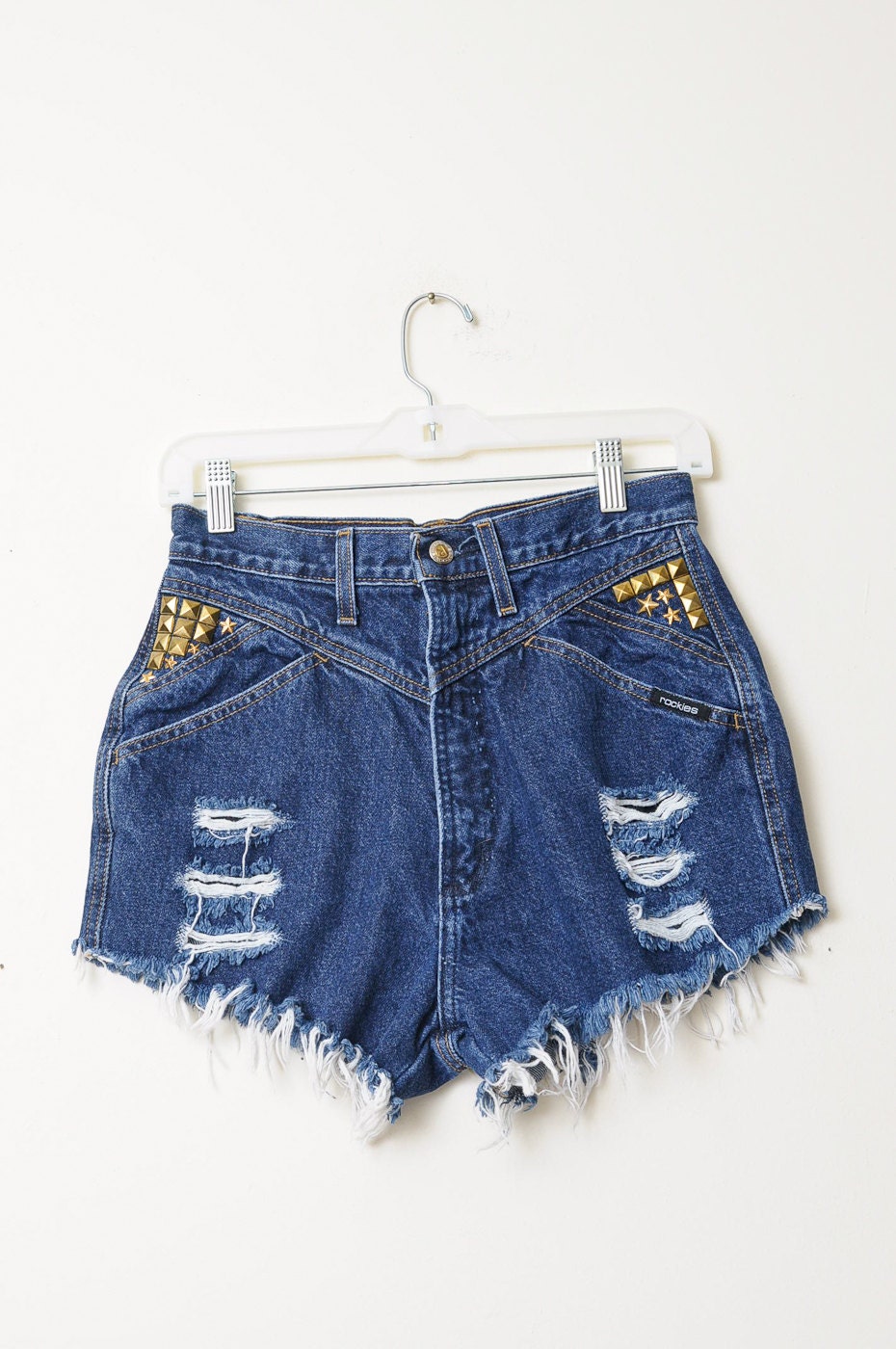 Handmade Denim High Waisted Sexy Punk Rock Shorts With Gold Studs And Stars On Pockets