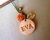 Name necklace - Rose and Leaf  - Shabby Chic - Romantic