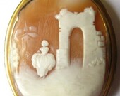 Reduced   Vintage Large Shell Cameo  Brooch Pendant  Pastoral Scene Building Woman Arch