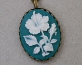 CLEARANCE, Necklace, Green and White Hibiscus Flower Resin Pendant, ALL proceeds going to charity