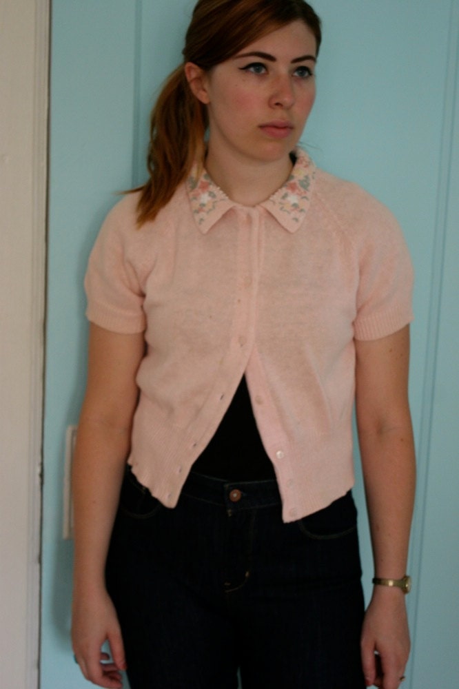 PINK POSIES beaded collar cardigan S 80's