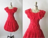 Vintage Designer Dress // Vintage 1980's Red Lace Scaasi Bubble Hem Cocktail Party Holiday Christmas Dress S M