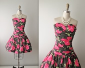 Strapless Floral Dress // 80s Floral Print Cotton Garden Party Summer Bubble Prom Dress XS S