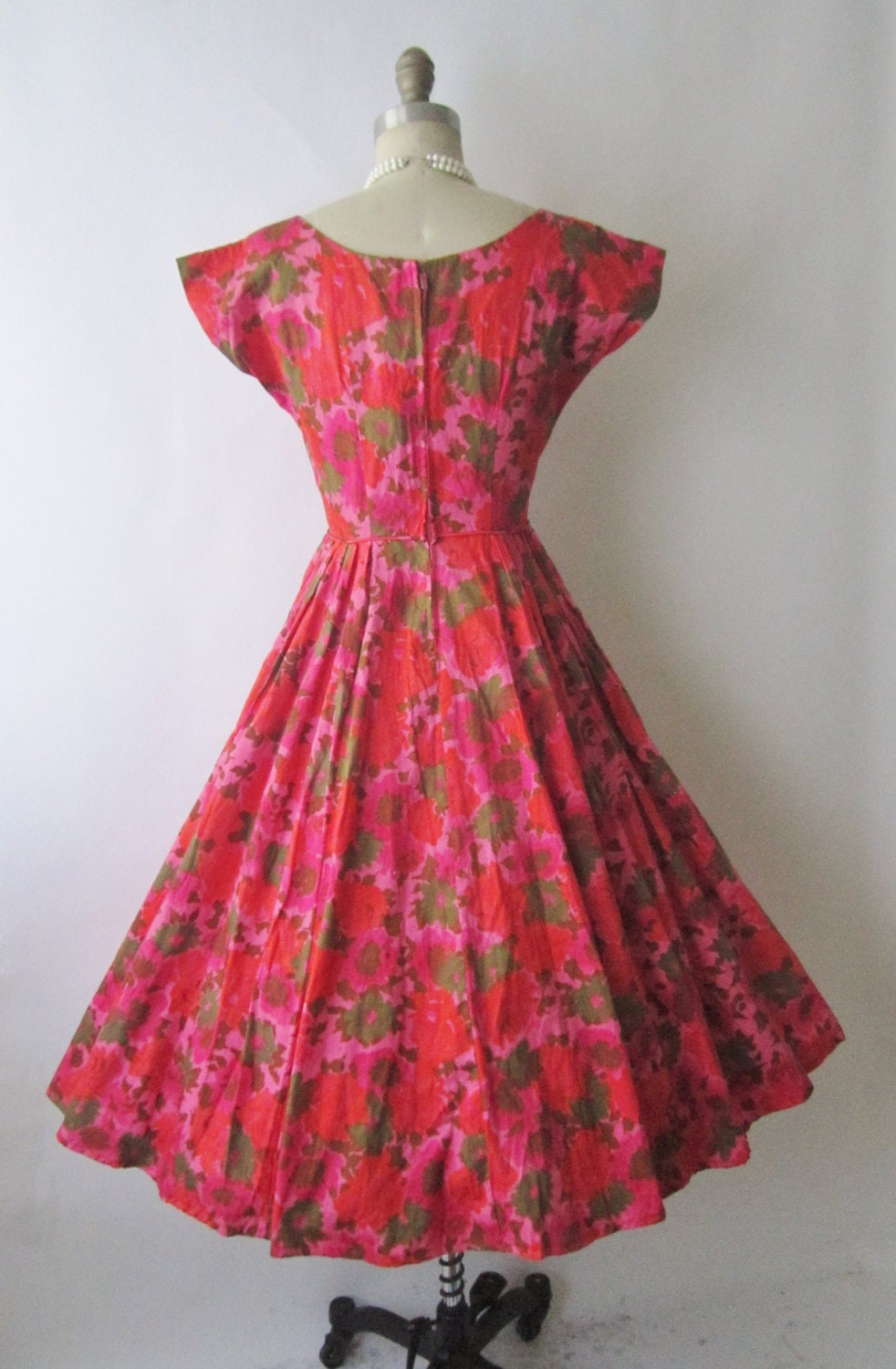 50's Floral Dress // Vintage 1950's Red  Floral Print Cotton Garden Party Summer Dress XS