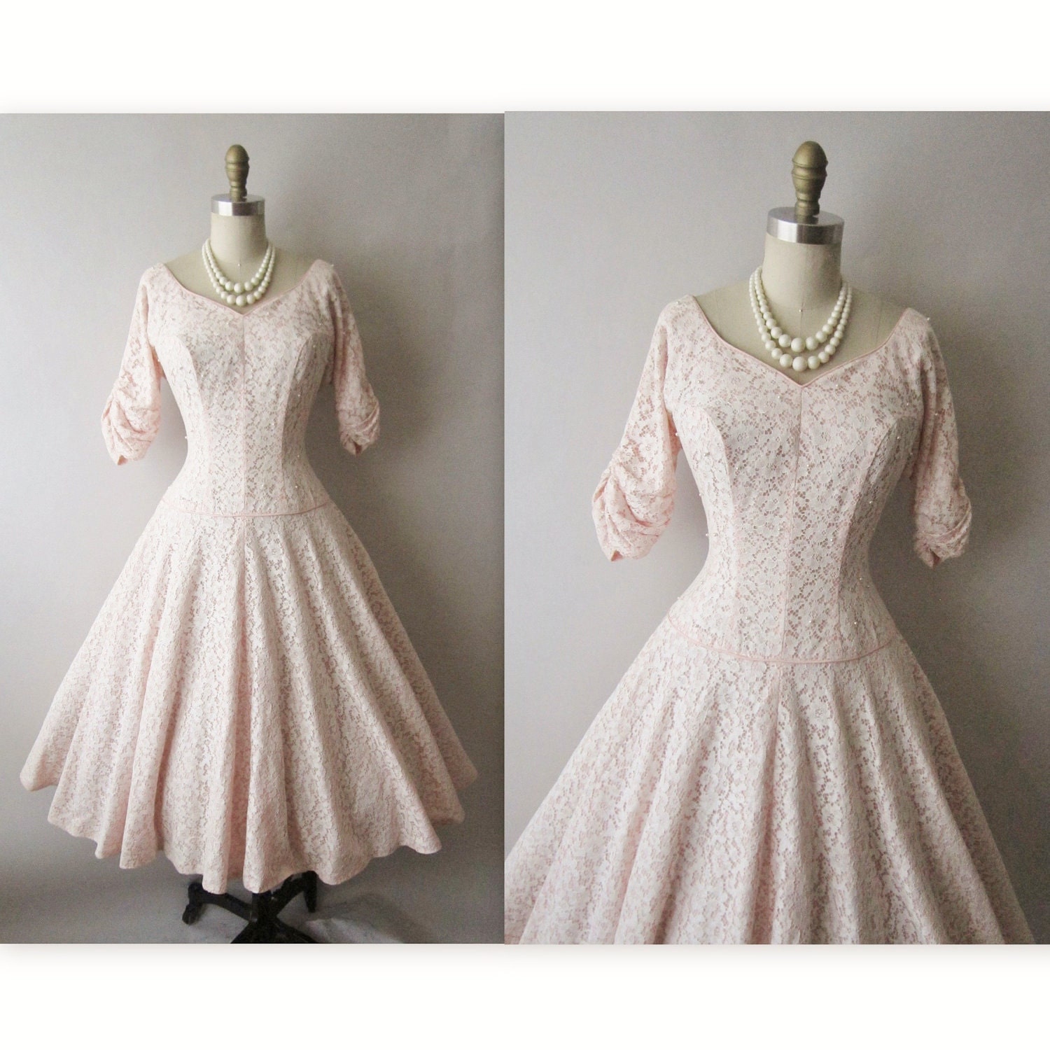 50's Wedding Dress // Vintage 1950's White Lace Pink Pearl Full Wedding Party Prom Dress S