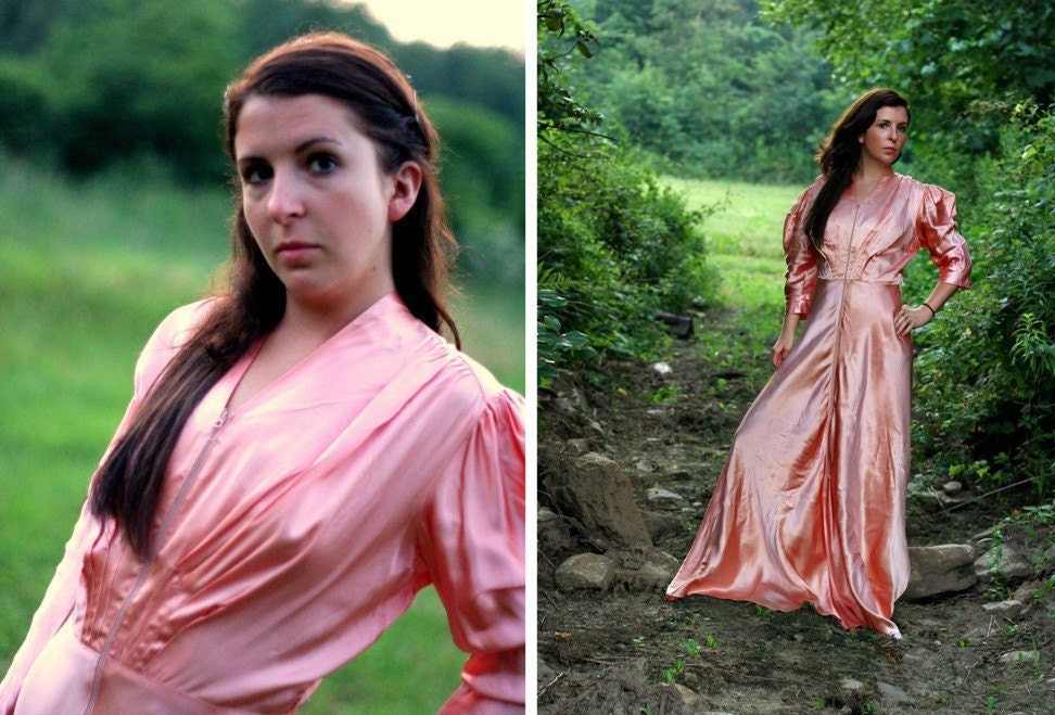 1930s dress / 1930s gown / pink satin dress / long dress